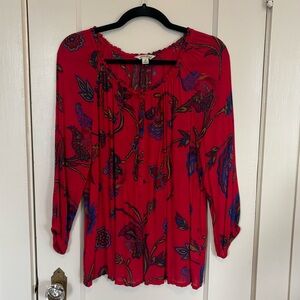 Lucky Brand Medium Cherry Red Floral & Peacock Print Peasant Blouse